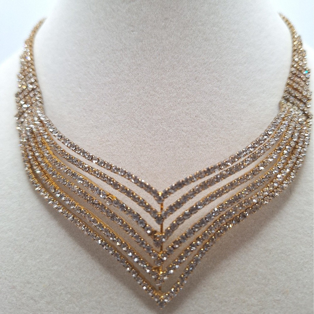 Vintage rhinestone collar choker bib necklace rigid chevron Art Deco retro WIDE